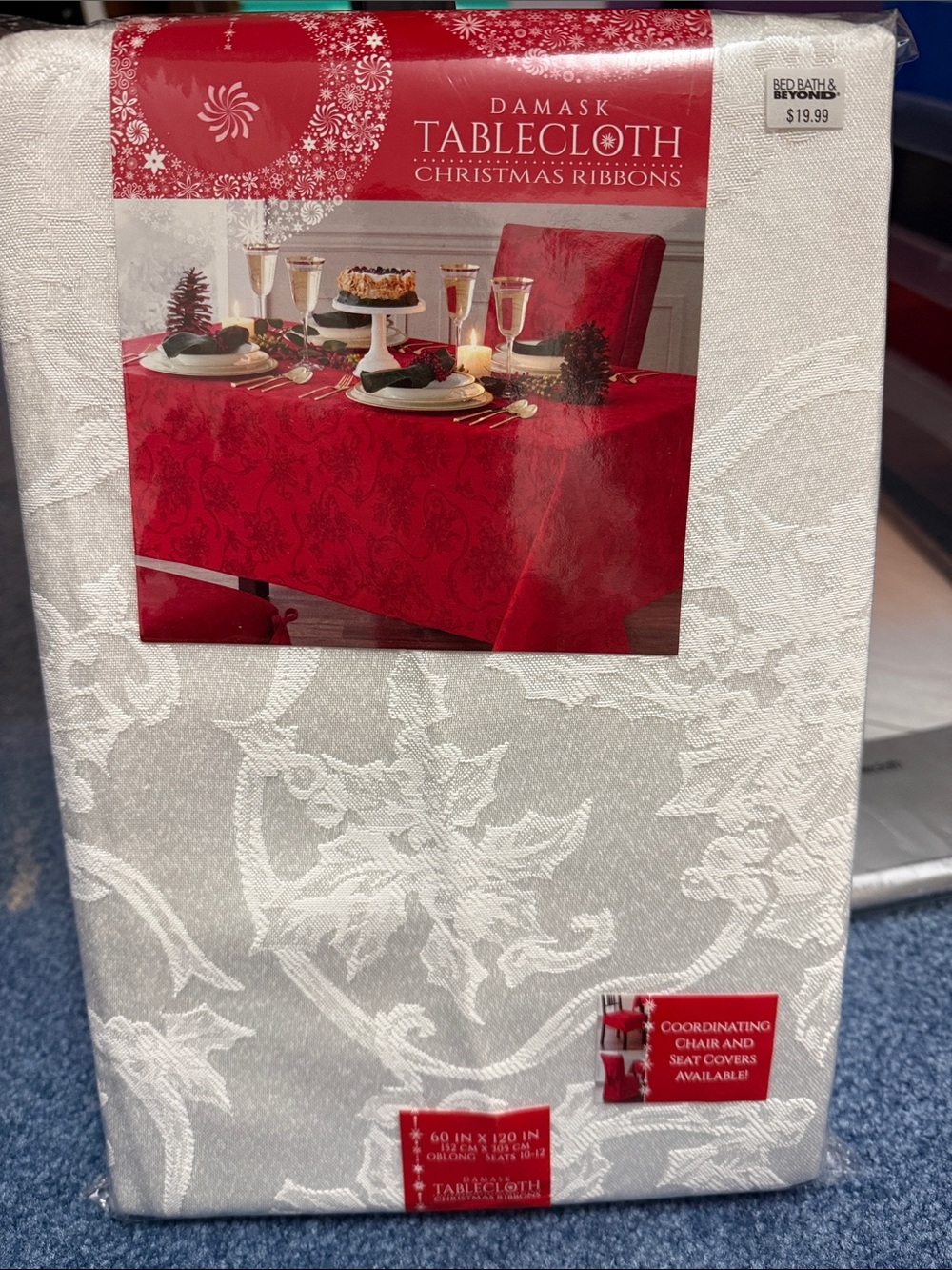 Bed Bath & Beyond White Damask Tablecloth - Christmas Ribbons 60X120